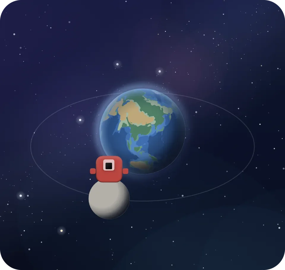 The Earth on a night sky, with a small red figure standing on the Moon in front of it.