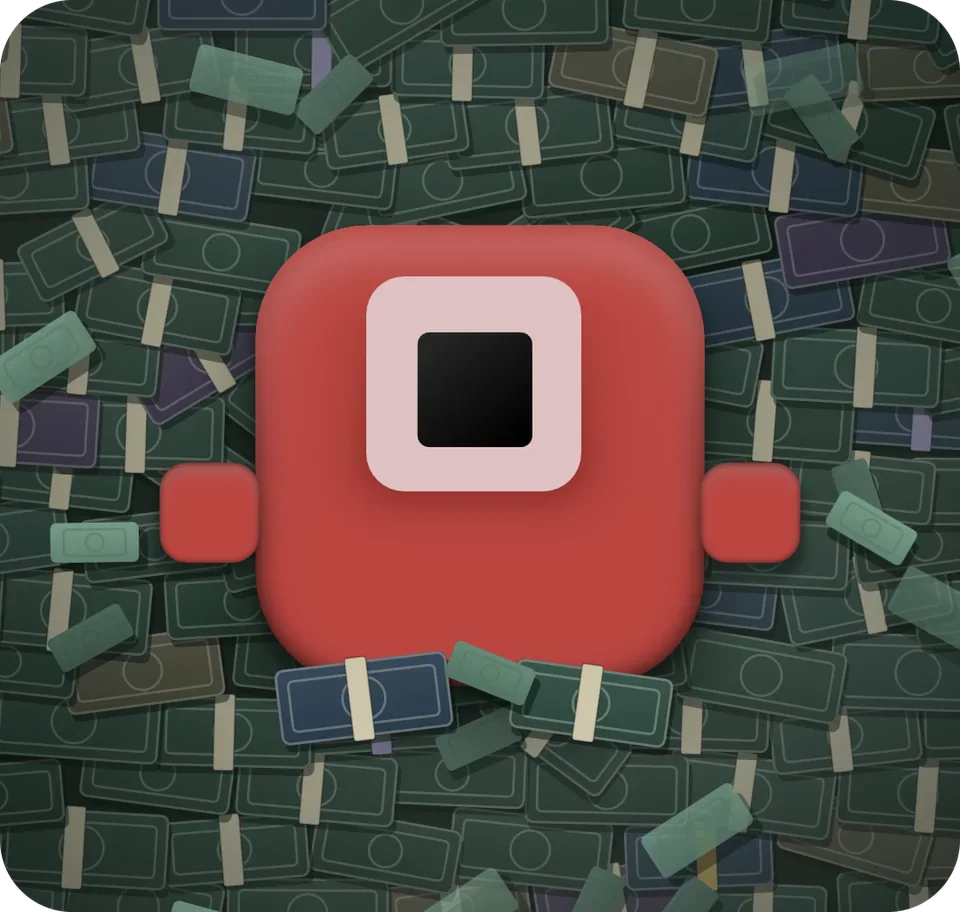 A square red character on a heap of banknotes, surprised, with notes flying out from under it.