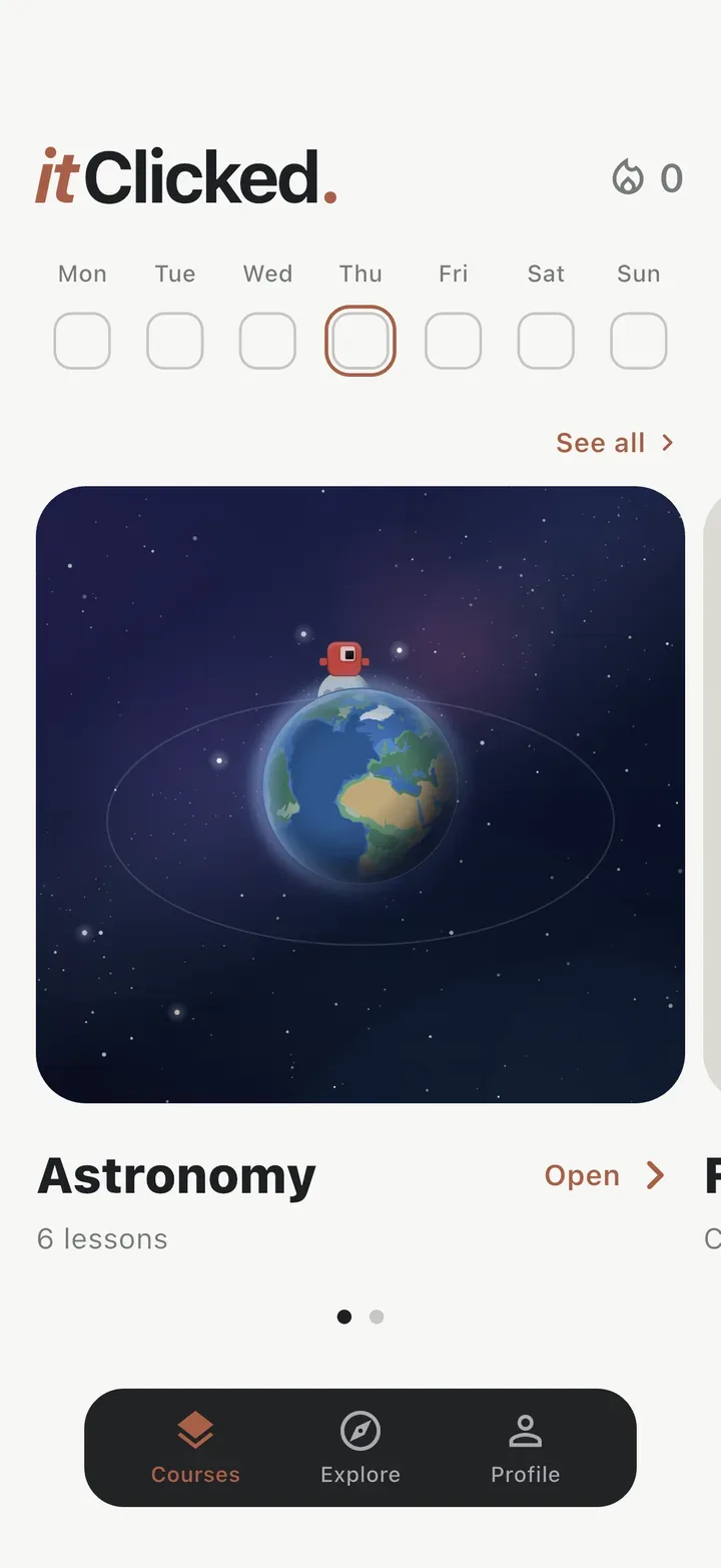 The home screen of Clicked: the Astronomy course card with the Earth and the Moon.