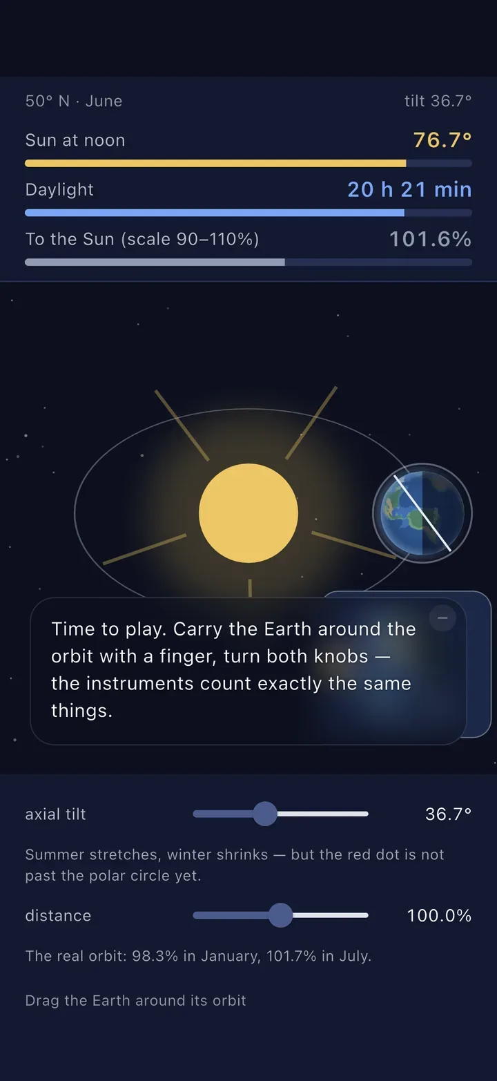 A lesson of Clicked: the Earth on a night sky, a control for its tilt, and a card of text under it.